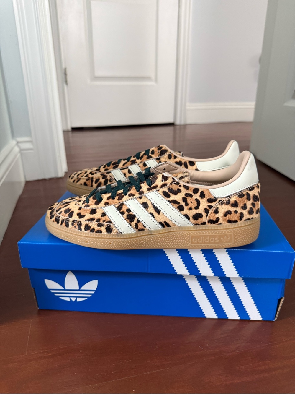 adidas Leopard Print Sneakers with White Stripes and Gum Sole